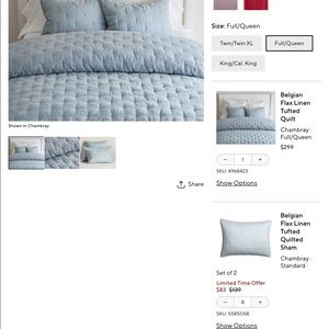 Pottery Barn Belgian Flax Linen Queen comforter and shams